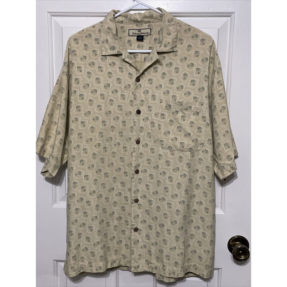 Tommy Bahama Shirt 100% Silk Men's M Palm Tree All Over Print Hawaiian